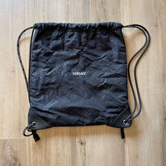 Versace Drawstring Backpack Rucksack Black Logo Print Back Sac Travel Sporty Gym - Picture 1 of 7